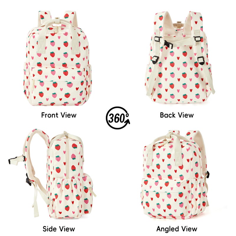 KingCheer Mini Corduroy Backpack Bookbag School Bag for Toddlers Girls and Boys Preschool Daycare Kindergarten 13'' H Lightweight Fits for Folder(Strawberry-Beige Corduroy) - Image 5