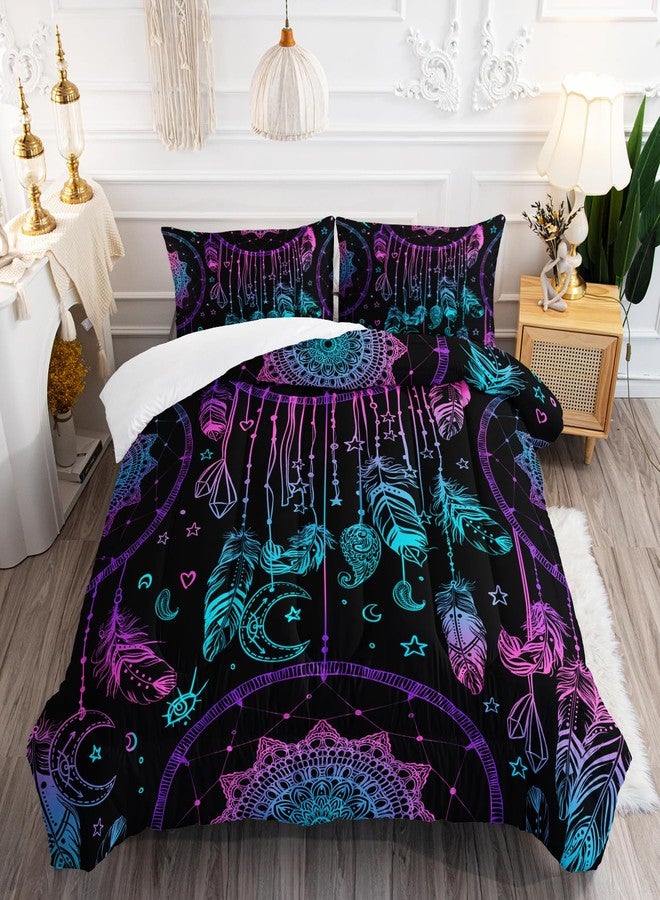 AILONEN Dreamcatcher Comforter Set Queen Size, Purple Feather Print Duvet Set,Bohemian Mandala Bedding Set for Boys Girls,Galaxy Dream Catcher Duvet Set 3 Pieces, 1 Quilt and 2 Pillowcases - Image 1