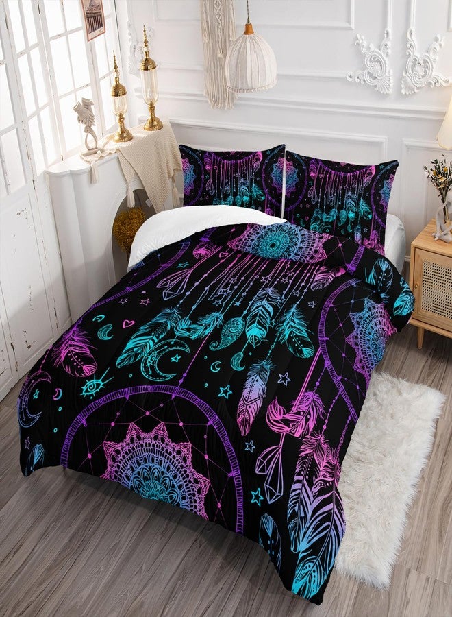 AILONEN Dreamcatcher Comforter Set Queen Size, Purple Feather Print Duvet Set,Bohemian Mandala Bedding Set for Boys Girls,Galaxy Dream Catcher Duvet Set 3 Pieces, 1 Quilt and 2 Pillowcases - Image 2