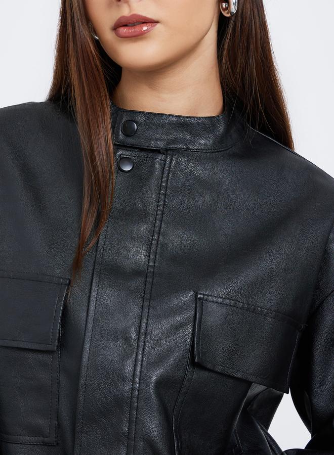 ستايلي جاكيت بومبر بقصة عادية وجلد صناعي - Image 4