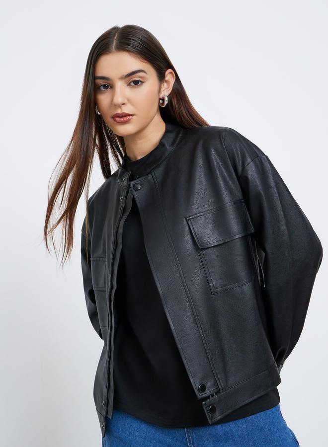 ستايلي جاكيت بومبر بقصة عادية وجلد صناعي - Image 1