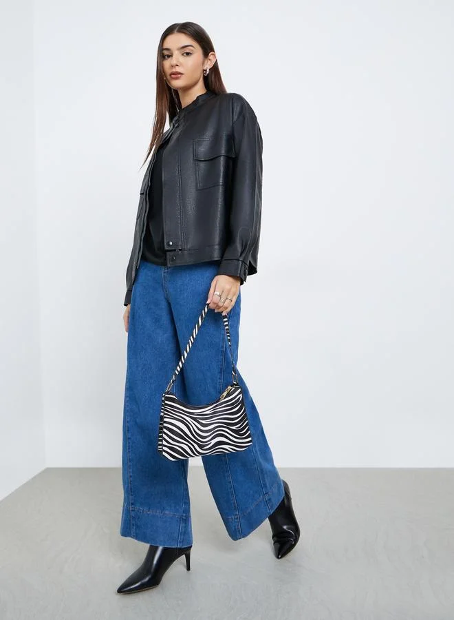 Styli Black Regular Fit Faux Leather Bomber Jacket