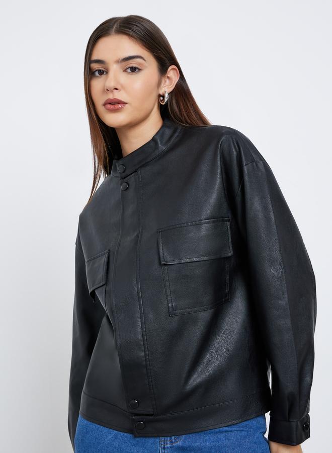 ستايلي جاكيت بومبر بقصة عادية وجلد صناعي - Image 3