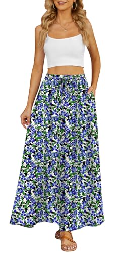 Yincro Women's Flowy Maxi Skirt Summer Pleated High Waisted Casual Long Skirts with Pockets (Blue Green Ditsy Floral, M) - Image 2