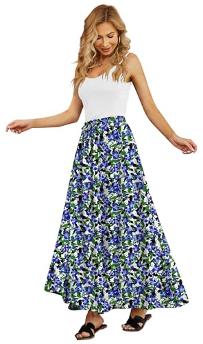 Yincro Women's Flowy Maxi Skirt Summer Pleated High Waisted Casual Long Skirts with Pockets (Blue Green Ditsy Floral, M) - Image 3