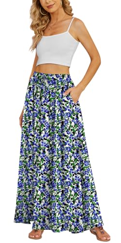 Yincro Women's Flowy Maxi Skirt Summer Pleated High Waisted Casual Long Skirts with Pockets (Blue Green Ditsy Floral, M) - Image 1