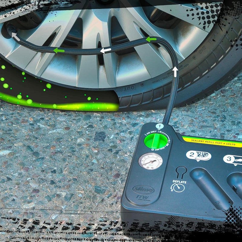Slime طقم طوارئ إصلاح الإطارات المسطحة سلايم 50122 يشمل مادة مانعة للتسرب ومضخة نفخ إطارات تناظرية مناسبة للسيارات وغيرها من المركبات على الطرق السريعة إصلاح في 10 دقائق - Image 4