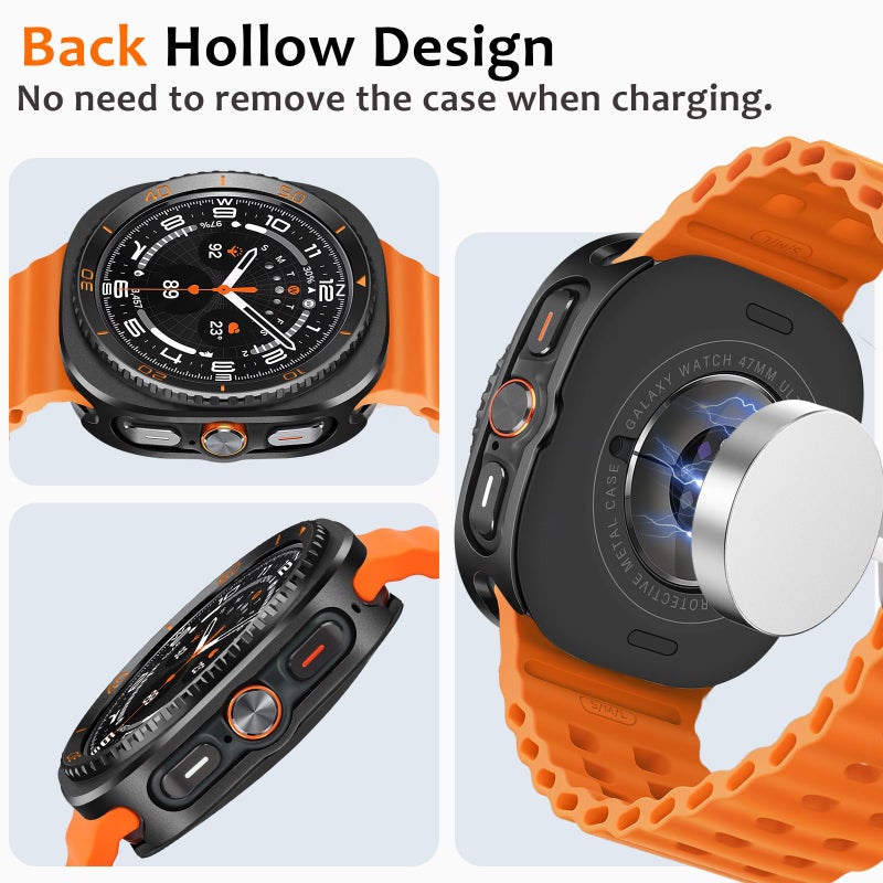 Amizee 3 in 1 Metal Case for Samsung Galaxy Watch Ultra/Ultra 2(2025) 47mm with Screen Protector, Rugged Bumper Scratch Resistant Protection Cover for Galaxy Watch 7/8 Ultra, Numeric-Black/Orange - Image 5