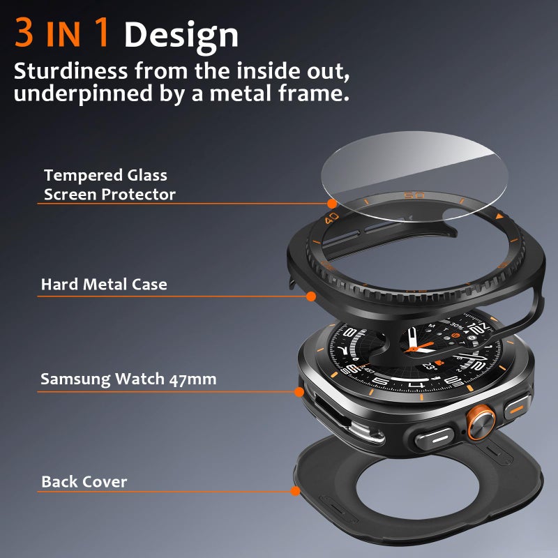 Amizee 3 in 1 Metal Case for Samsung Galaxy Watch Ultra/Ultra 2(2025) 47mm with Screen Protector, Rugged Bumper Scratch Resistant Protection Cover for Galaxy Watch 7/8 Ultra, Numeric-Black/Orange - Image 3