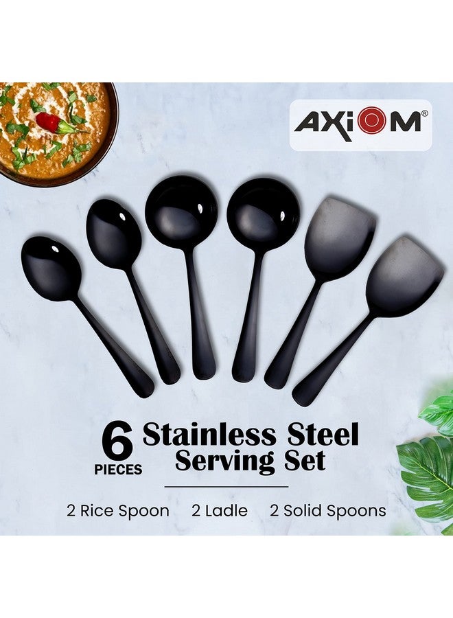 Axiom Stainless Steel Black Serving Tools Set. 6 Piece Heavy Gauge Non-Stick Set Of 2 Soup Ladle (Karchi), 2 Solid Spoon (Chamcha) & 2 Rice Spoon For Serving Soup/Curry/Dal/Rice. Gold - 23 Cm - Image 2