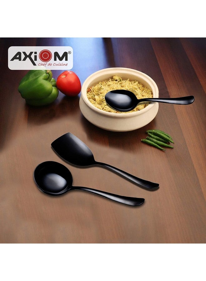 Axiom Stainless Steel Black Serving Tools Set. 6 Piece Heavy Gauge Non-Stick Set Of 2 Soup Ladle (Karchi), 2 Solid Spoon (Chamcha) & 2 Rice Spoon For Serving Soup/Curry/Dal/Rice. Gold - 23 Cm - Image 4