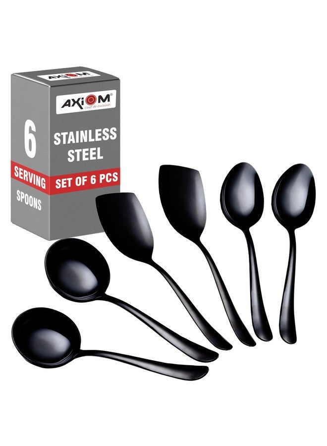 Axiom Stainless Steel Black Serving Tools Set. 6 Piece Heavy Gauge Non-Stick Set Of 2 Soup Ladle (Karchi), 2 Solid Spoon (Chamcha) & 2 Rice Spoon For Serving Soup/Curry/Dal/Rice. Gold - 23 Cm - Image 1