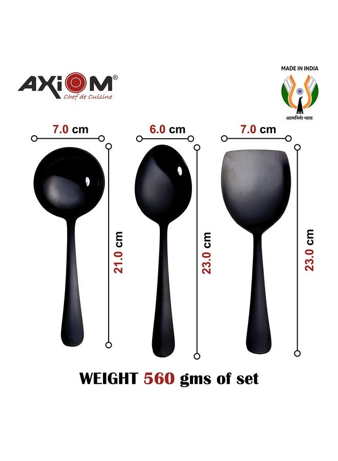 Axiom Stainless Steel Black Serving Tools Set. 6 Piece Heavy Gauge Non-Stick Set Of 2 Soup Ladle (Karchi), 2 Solid Spoon (Chamcha) & 2 Rice Spoon For Serving Soup/Curry/Dal/Rice. Gold - 23 Cm - Image 5