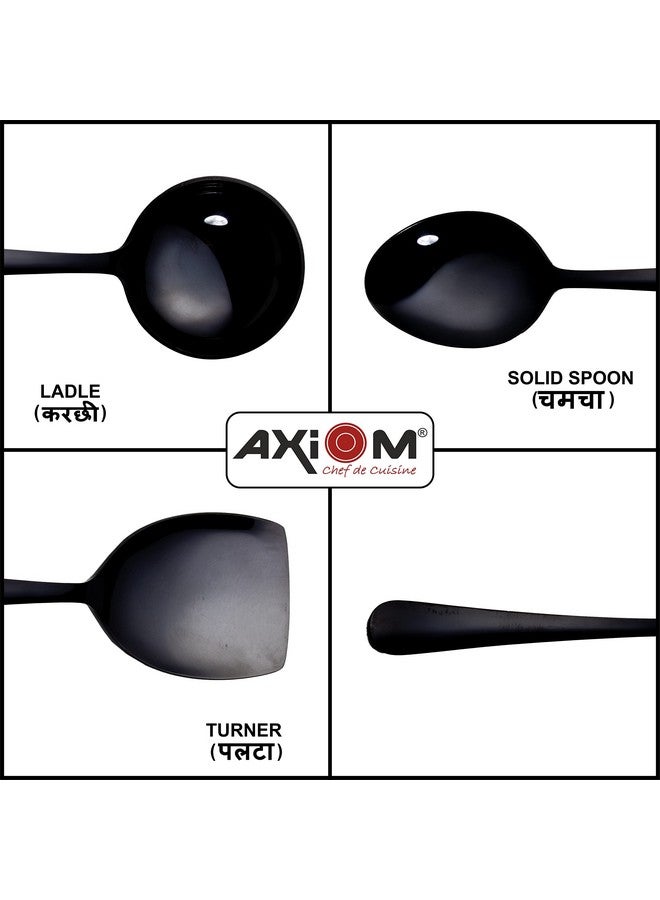 Axiom Stainless Steel Black Serving Tools Set. 6 Piece Heavy Gauge Non-Stick Set Of 2 Soup Ladle (Karchi), 2 Solid Spoon (Chamcha) & 2 Rice Spoon For Serving Soup/Curry/Dal/Rice. Gold - 23 Cm - Image 3