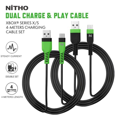 Nitho USB C Charging Cable [4 Meters, Pack of 2] Type C Charge and Play Cable for Xbox Series X/S, Playstation 5 Controllers and Devices with Type C Interfaces, USB A to USB C Charging Cables - Green - Image 2
