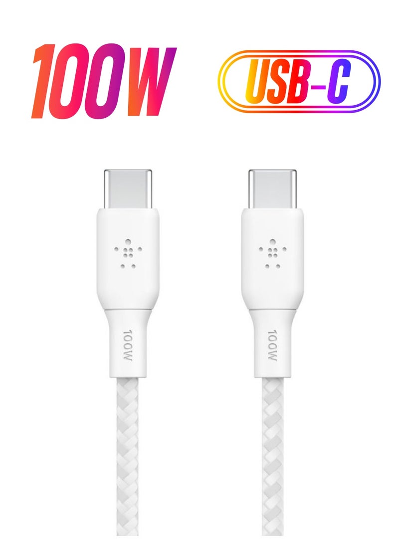 belkin USB Type C to C Cable, 100W Power Delivery USB-IF Certified 2.0 USB C Charger Cable with Double Braided Nylon Exterior for iPhone 16, 15, iPad, MacBook, Galaxy, Pixel and More -3 m, white White - Image 1
