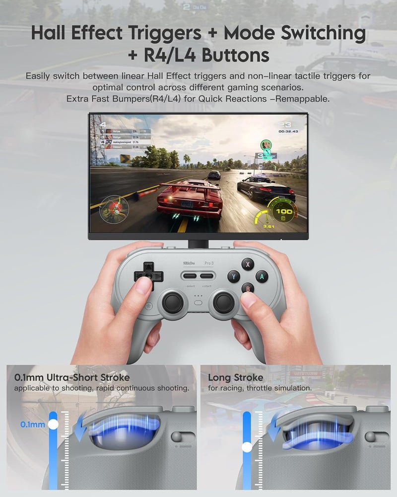 WeChip & 8BitDo Pro 3 Bluetooth Controller for Switch/Switch 2, TMR Joysticks, Swappable ABXY Buttons, Pro Back Buttons, Charging Dock, Hall Effect Triggers, for Windows, Apple, Android (Gray) - Image 5