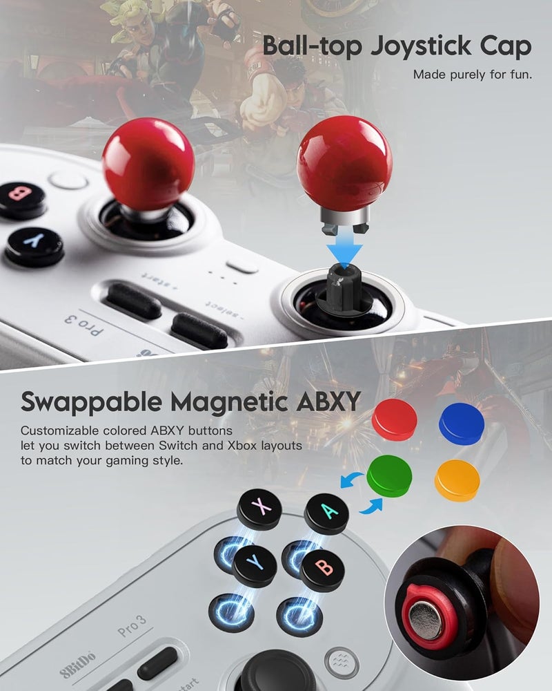 WeChip & 8BitDo Pro 3 Bluetooth Controller for Switch/Switch 2, TMR Joysticks, Swappable ABXY Buttons, Pro Back Buttons, Charging Dock, Hall Effect Triggers, for Windows, Apple, Android (Gray) - Image 4