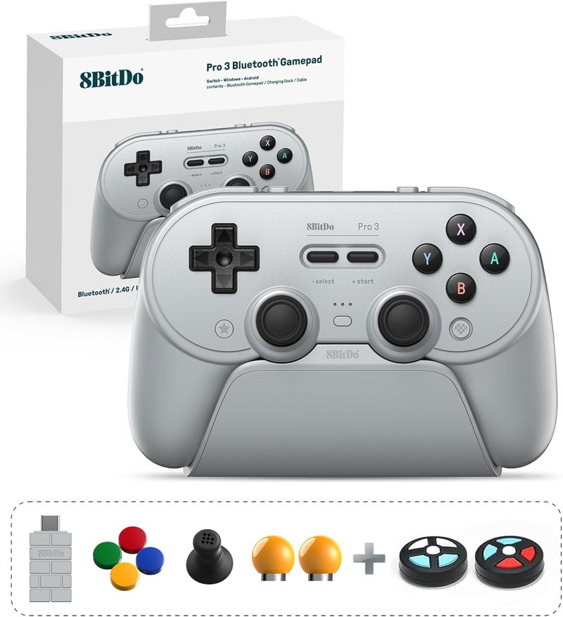 WeChip & 8BitDo Pro 3 Bluetooth Controller for Switch/Switch 2, TMR Joysticks, Swappable ABXY Buttons, Pro Back Buttons, Charging Dock, Hall Effect Triggers, for Windows, Apple, Android (Gray) - Image 1