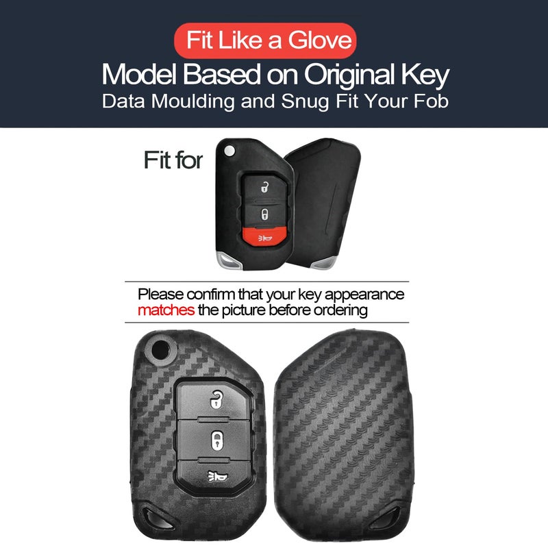 INFIPAR INFIPAR 2pcs Compatible with Jeep Key Fob Cover Case Key Chain fit for Jeep Wrangler JL Gladiator JT Accessories Rubicon Deluxe Sport S Sport Sahara Overland Key Shell Holder Carbon Fiber Black - Image 2