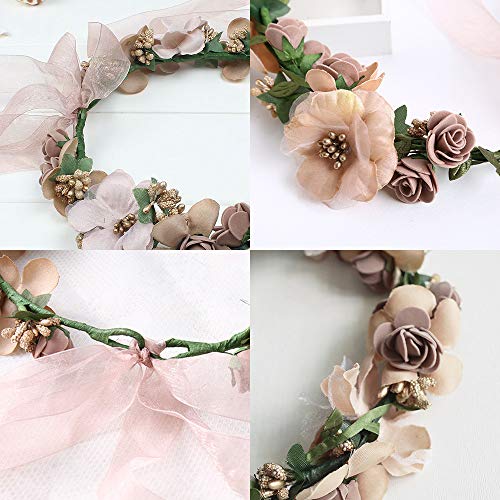 WLBON 3 Pcs Flower Headband Wristbands Rose Floral Leaf Hair Hoops Bands Headpiece Hairband Bracelets Women Xmas Wedding Halloween Parade Hawaiian Cosplay Dress Up Birthday Party Accessories Coffee - Image 5