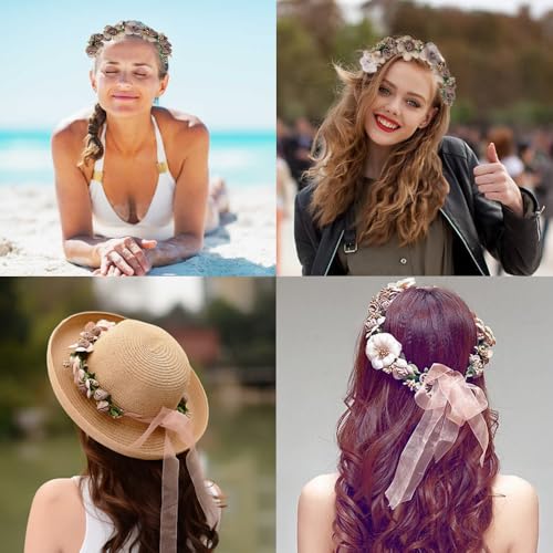 WLBON 3 Pcs Flower Headband Wristbands Rose Floral Leaf Hair Hoops Bands Headpiece Hairband Bracelets Women Xmas Wedding Halloween Parade Hawaiian Cosplay Dress Up Birthday Party Accessories Coffee - Image 2
