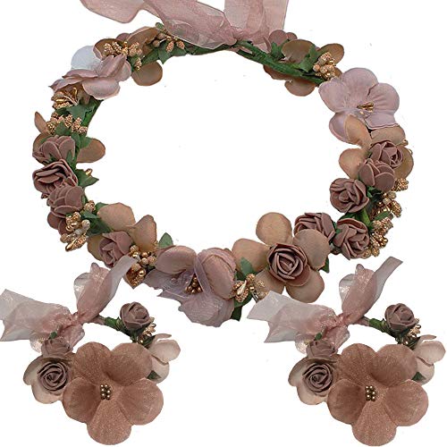 WLBON 3 Pcs Flower Headband Wristbands Rose Floral Leaf Hair Hoops Bands Headpiece Hairband Bracelets Women Xmas Wedding Halloween Parade Hawaiian Cosplay Dress Up Birthday Party Accessories Coffee - Image 1