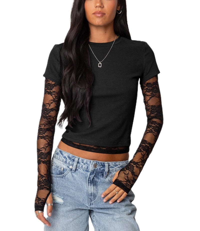 Yuemengxuan Going Out Tops for Women Sheer Lace Sleeve Shirts Cropped Basic Summer Tees Y2k Crewneck T-Shirts 2026 Trendy Top with Thumb Holes, Black, Small - Image 1