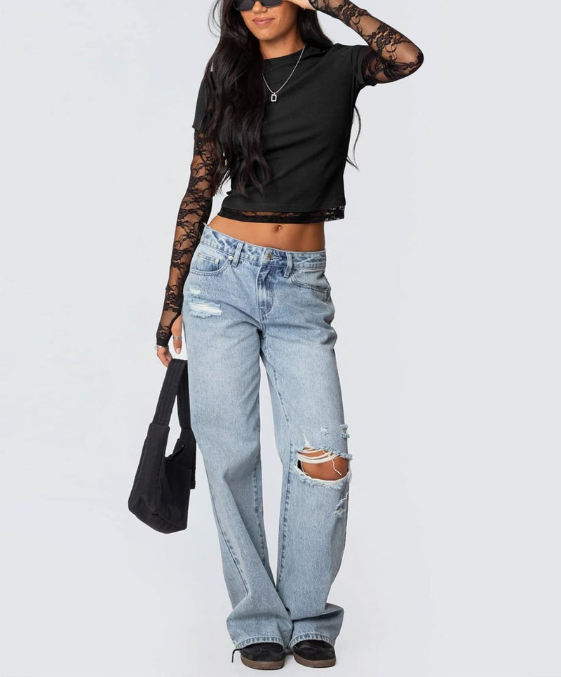 Yuemengxuan Going Out Tops for Women Sheer Lace Sleeve Shirts Cropped Basic Summer Tees Y2k Crewneck T-Shirts 2026 Trendy Top with Thumb Holes, Black, Small - Image 4