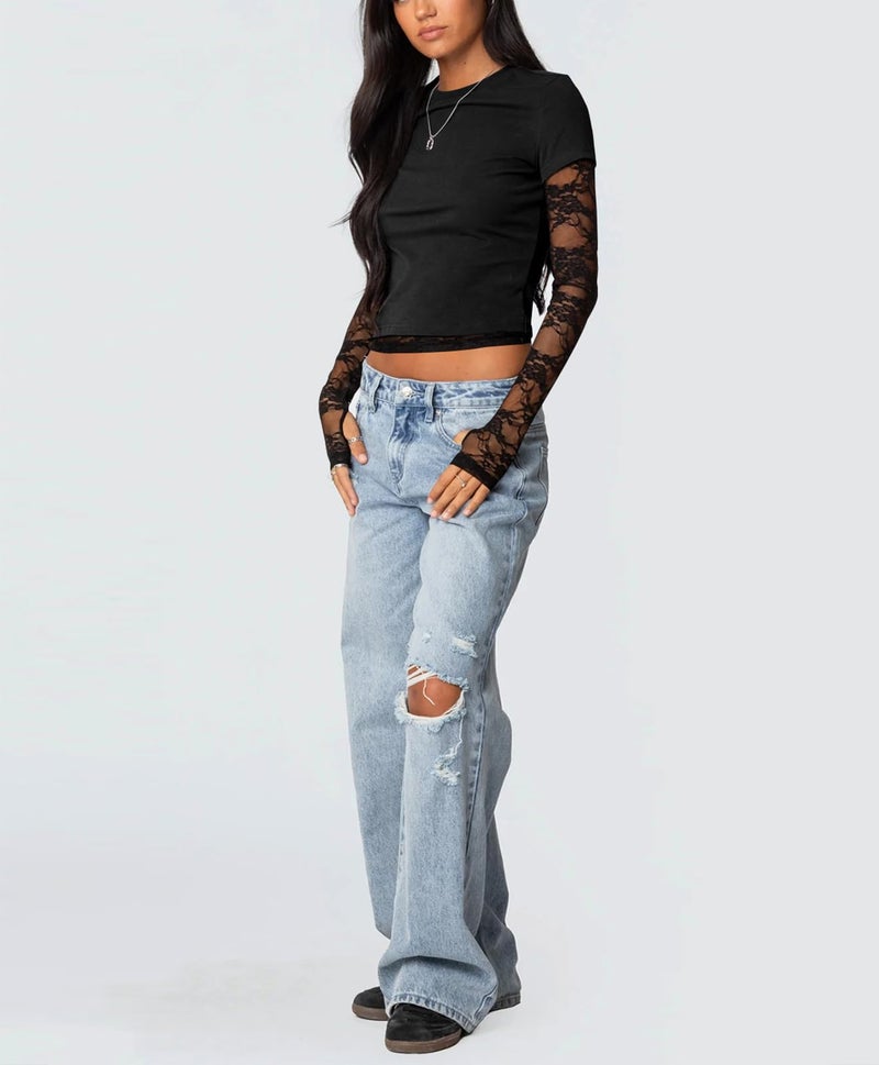 Yuemengxuan Going Out Tops for Women Sheer Lace Sleeve Shirts Cropped Basic Summer Tees Y2k Crewneck T-Shirts 2026 Trendy Top with Thumb Holes, Black, Small - Image 3