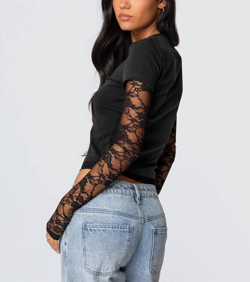 Yuemengxuan Going Out Tops for Women Sheer Lace Sleeve Shirts Cropped Basic Summer Tees Y2k Crewneck T-Shirts 2026 Trendy Top with Thumb Holes, Black, Small - Image 2