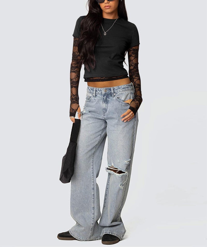 Yuemengxuan Going Out Tops for Women Sheer Lace Sleeve Shirts Cropped Basic Summer Tees Y2k Crewneck T-Shirts 2026 Trendy Top with Thumb Holes, Black, Small - Image 5
