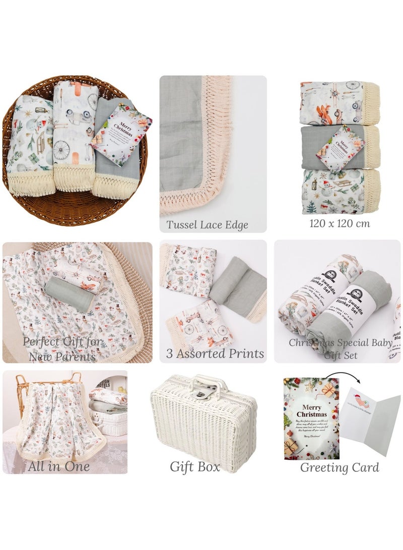 Christmas Baby Gift Set – 3-Pieces Newborn  Muslin Swaddle Blankets with Tussle Lace - Image 3