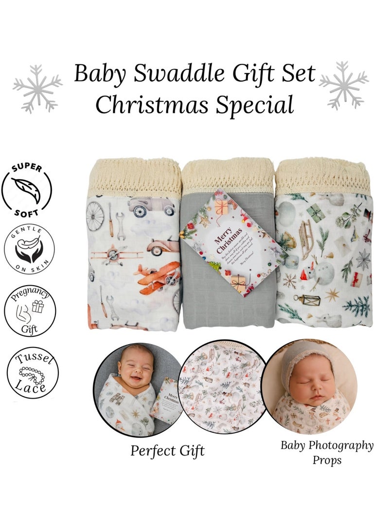 Christmas Baby Gift Set – 3-Pieces Newborn  Muslin Swaddle Blankets with Tussle Lace - Image 4
