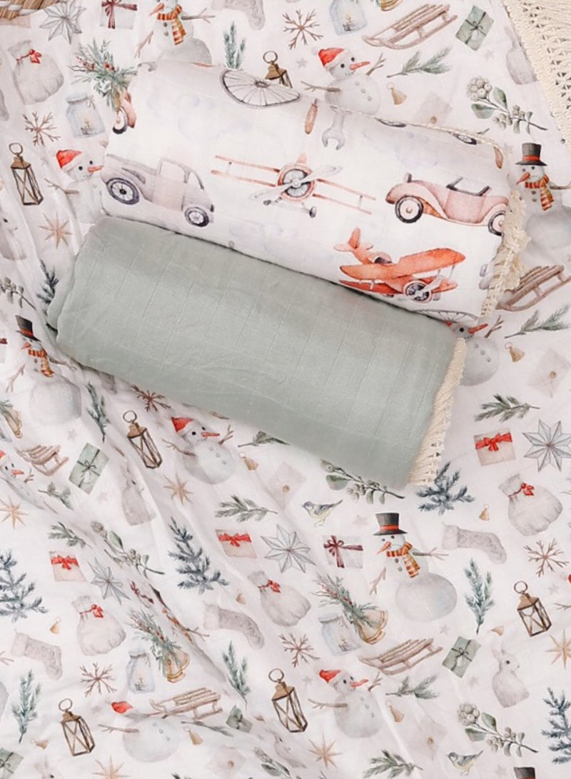 Christmas Baby Gift Set – 3-Pieces Newborn  Muslin Swaddle Blankets with Tussle Lace - Image 5