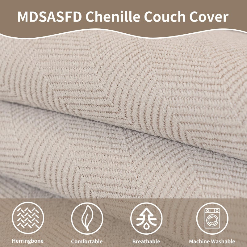 MDSASFD Chenille Sectional Sofa Couch Covers, Herringbone Couch Sofa Covers Washable for Dogs, Funny Fuzzy Couch Covers for Sofa Non Slip Protector, L Shaped Armrest Cover(Beige White, 27"x 27") - Image 5