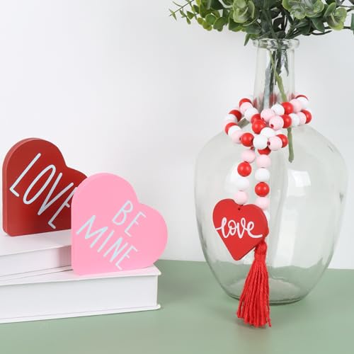 Meplait Valentine's Day Wood Beaded Garland with Tassel, Valentines Day Decor Farmhouse Rustic Beads Garland with Red Heart for Wall Hanging Home Decorations - Image 4