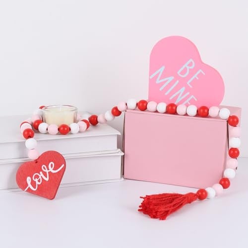 Meplait Valentine's Day Wood Beaded Garland with Tassel, Valentines Day Decor Farmhouse Rustic Beads Garland with Red Heart for Wall Hanging Home Decorations - Image 2