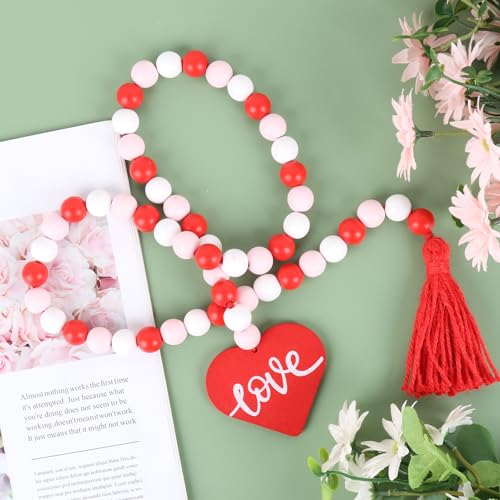 Meplait Valentine's Day Wood Beaded Garland with Tassel, Valentines Day Decor Farmhouse Rustic Beads Garland with Red Heart for Wall Hanging Home Decorations - Image 3