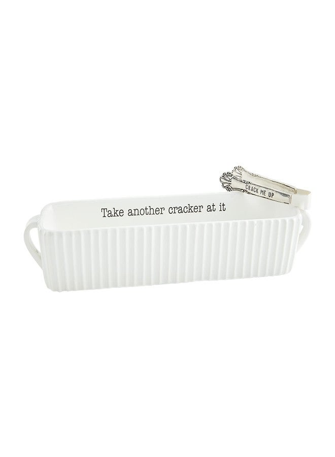 Mud Pie, White, Circa Cracker Set, 3" x 13.5" 4.5", dish 3" x 13 1/2" | tongs 4 1/2" - Image 1