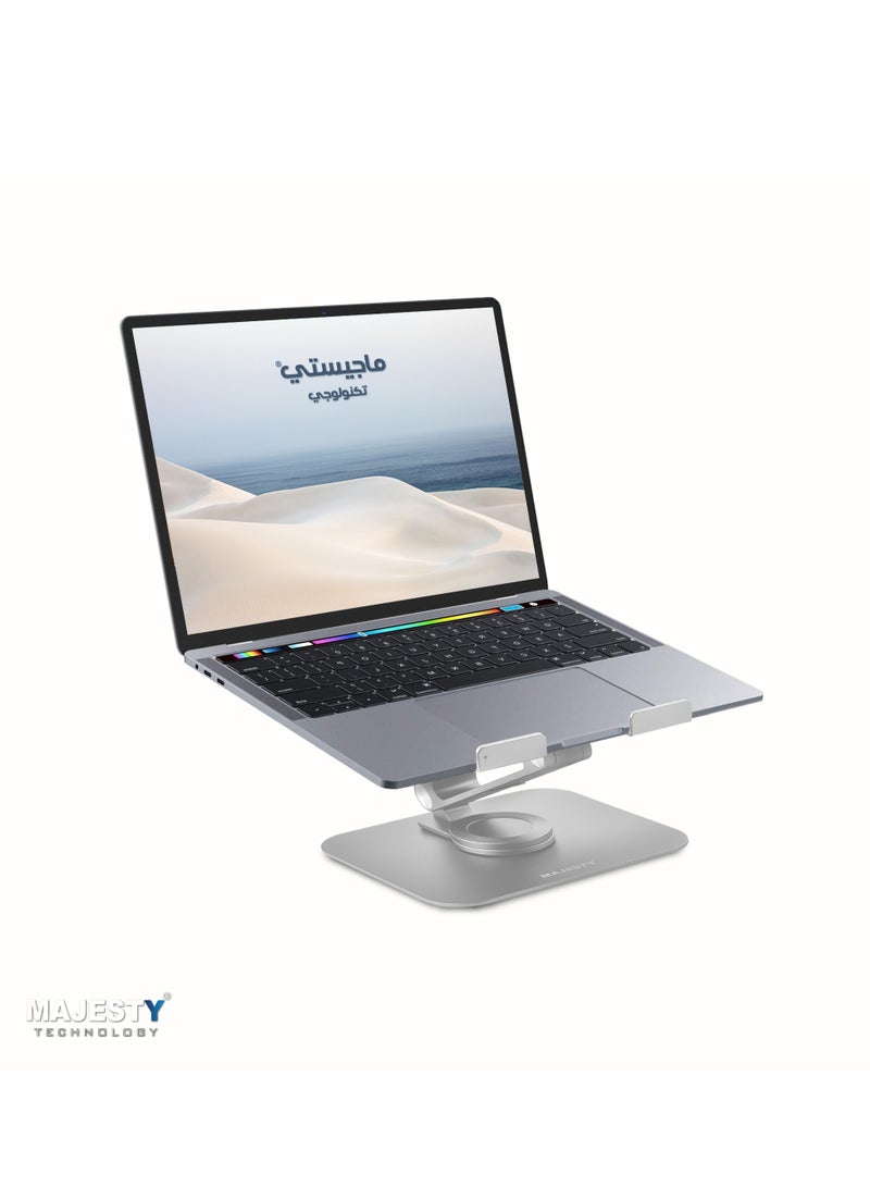 Majesty Aluminum Laptop Stand with 360 Degree Swivel Base Ergonomic Design for Desk, Height Adjustable and Multi-Angle Folding, Ventilation Holes Support Notebook and MacBook Pro Air, Silver  - Image 1