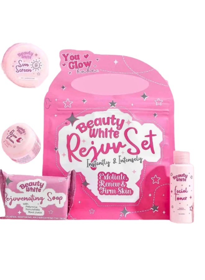 You Glow Babe Beauty White Rejuvenating Beauty Set with Facial Toner, Sunscreen Cream, Rejuvenating Soap and Skincare Cream, Complete Exfoliating Routine for Renewing, Firming and Improving Smooth Bright Looking Skin - Image 2