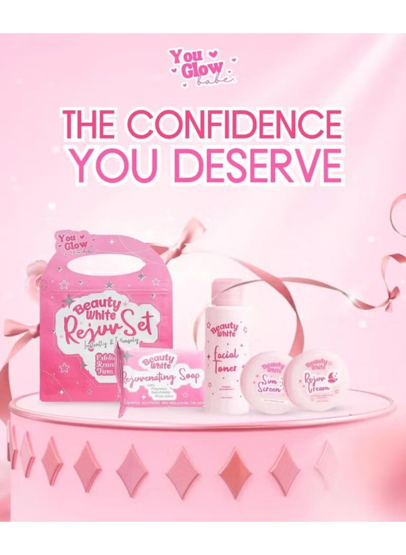 You Glow Babe Beauty White Rejuvenating Beauty Set with Facial Toner, Sunscreen Cream, Rejuvenating Soap and Skincare Cream, Complete Exfoliating Routine for Renewing, Firming and Improving Smooth Bright Looking Skin - Image 5