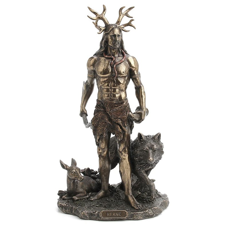 VERONESE DESIGN 11 34 Inch Tall Herne The Spirit Hunter of Windsor Forest Standing with Deer and Wolf Cold Cast Bronzed Resin Sculpture Celtic Wicca Statue