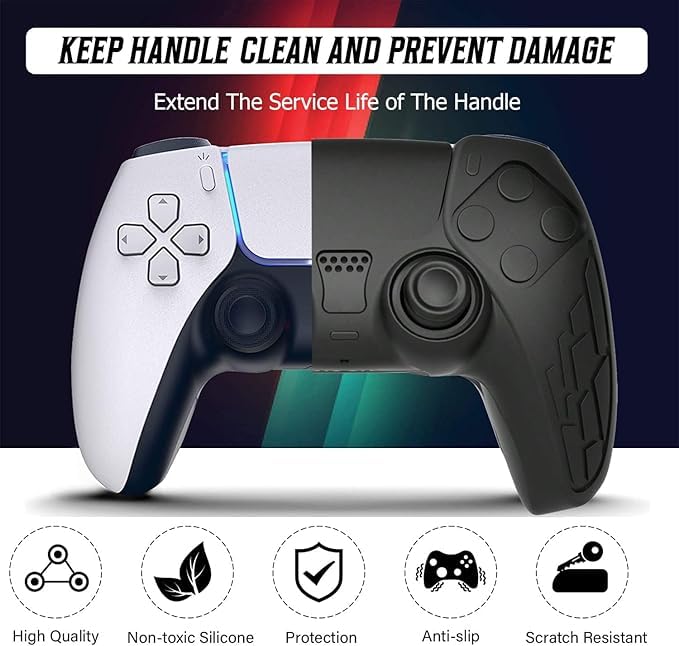 PSS Compatible with PS5 /PS5 Slim Controller Silicone Cover Case Protective Non-Slip Skin Anti-Slip Soft Silicone Rubber Accessories Set for Play/Station 5 Controller with Thumb Grip x 2 (Black) - Image 2