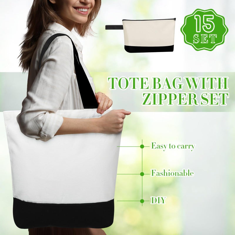 Sanwuta 30 Pcs Canvas Tote Bags Bulk with Zipper Cosmetic Pouch 18.5" Reusable Cotton Shopping Bag with Handle for DIY Craft (Black) - Image 2