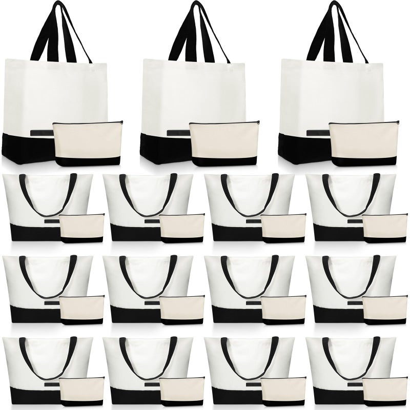 Sanwuta 30 Pcs Canvas Tote Bags Bulk with Zipper Cosmetic Pouch 18.5" Reusable Cotton Shopping Bag with Handle for DIY Craft (Black) - Image 1