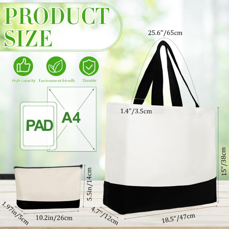Sanwuta 30 Pcs Canvas Tote Bags Bulk with Zipper Cosmetic Pouch 18.5" Reusable Cotton Shopping Bag with Handle for DIY Craft (Black) - Image 3