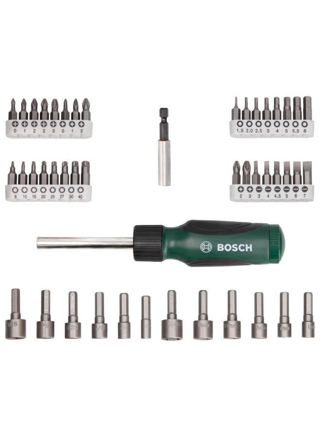 بوش BOSCH 46-Piece Screwdriver Bit Set, 46 Pieces - 32 Screwdriver Bits, Nut-setters in 12 Sizes, Magnetic Universal Holder, Rachet Screwdriver, Green, Hard Case - Image 3