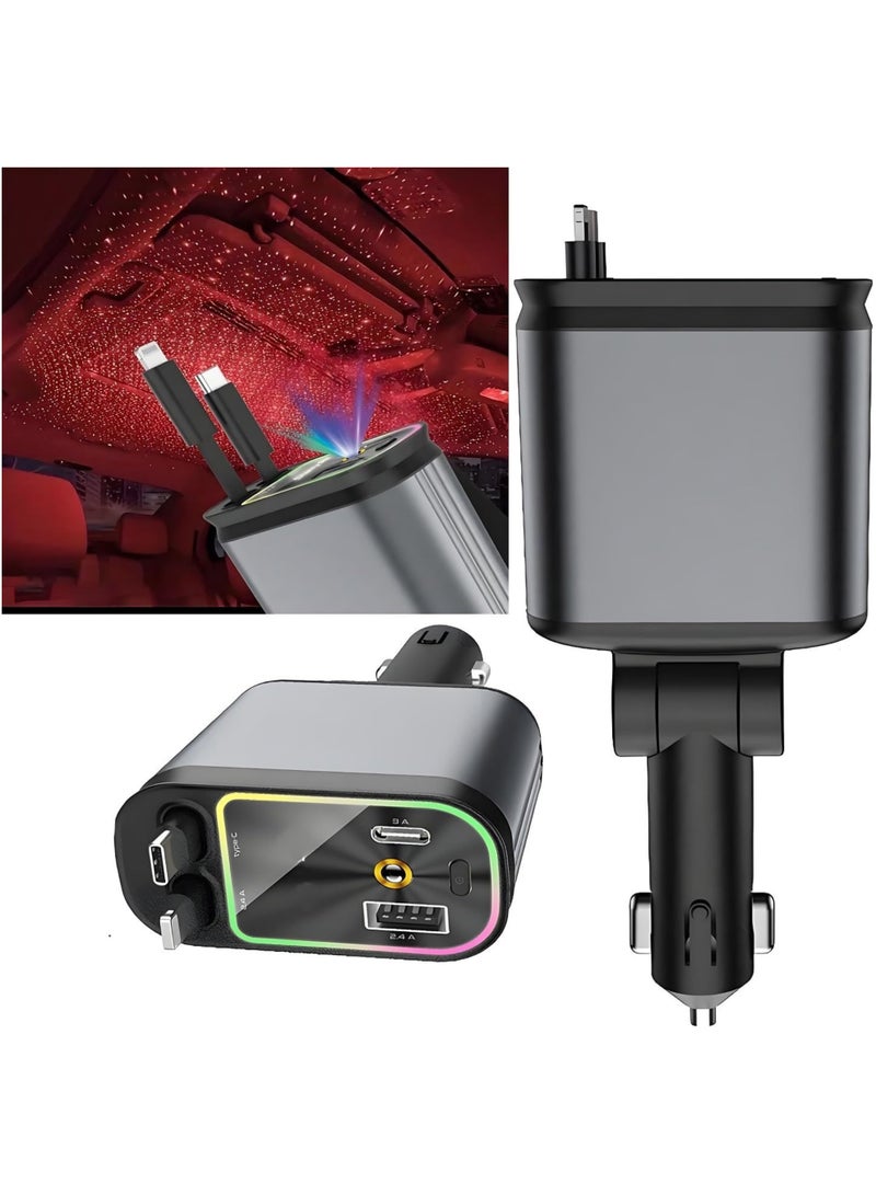 Hoco 120W 4-in-1 Retractable Fast Charging Car Charger with Starry Sky Projector & LED Ambient Light – USB-C & USB-A Ports with Built-in Retractable Cables | Compatible with iPhone 16/15/14/13/12 Series, Samsung Galaxy S24/S23/S22, Google Pixel 9/8/7, OnePlus, Xiaomi, Huawei & More - Image 1